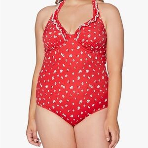 Pour Moi Red and White floral halter one piece Swimsuit